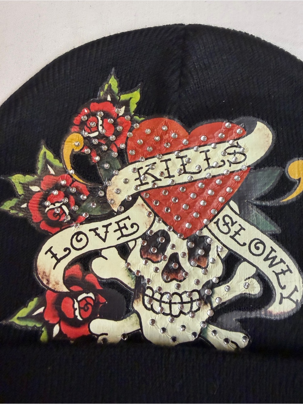 Kids Black Beanie with Heart & Skull Stud Design